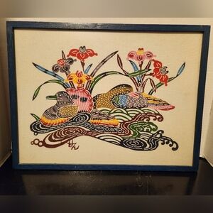 Vintage Ryukyu Bingata Japanese Textile Fabric Art With Duck Pond Framed